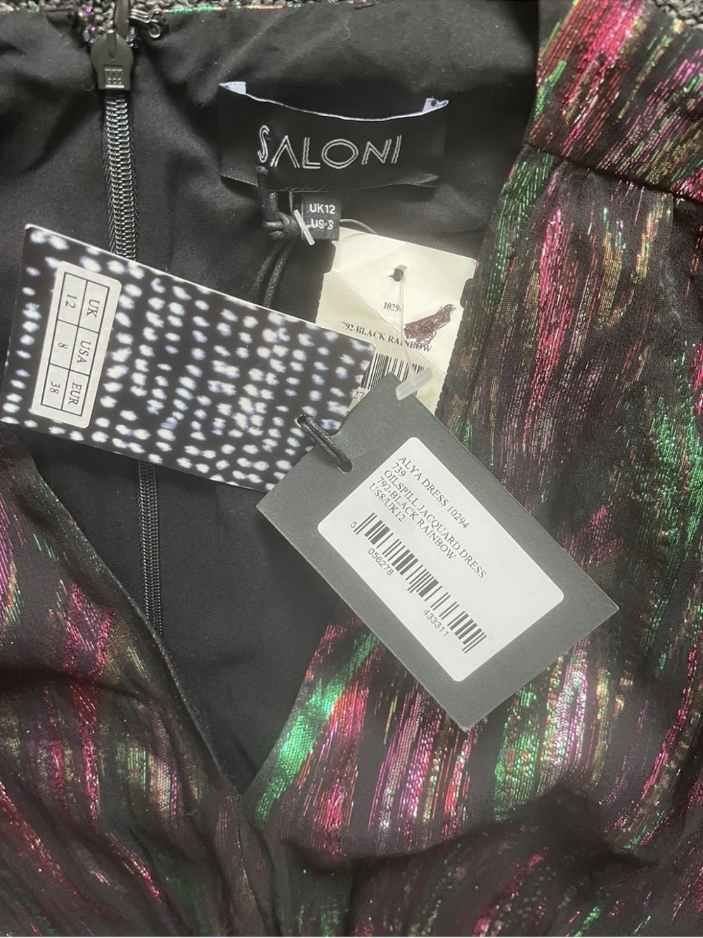 Saloni Alya Black Rainbow Jacquard Metallic Ruffle Midi Dress US 8 UK 12 Medium - Picture 9 of 10